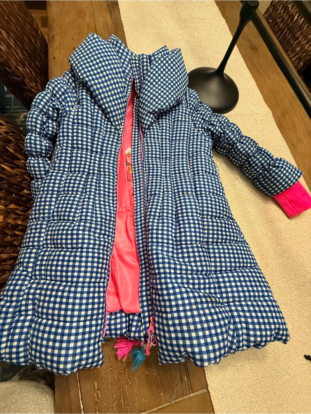 Min-Pi Girls Gingham Puffer Coat with Pink Lining and cuffs